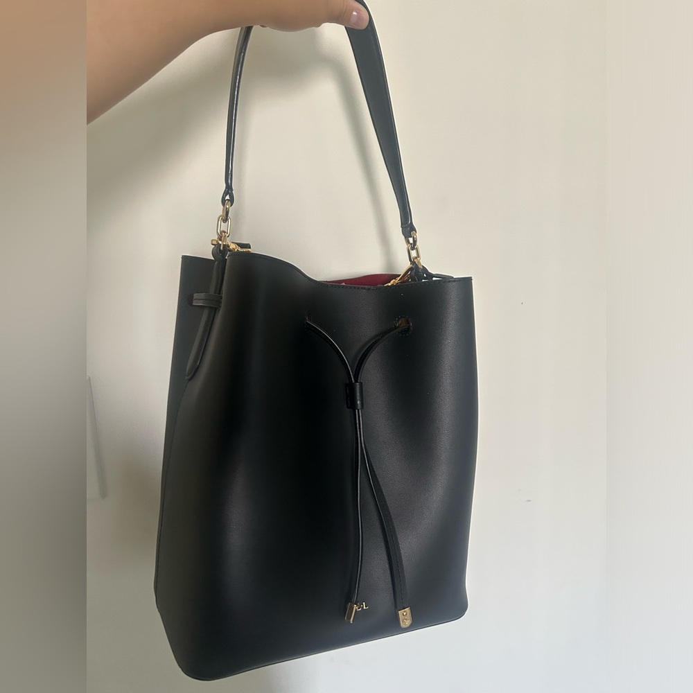 Ralph Lauren Black Leather Drawstring Shoulder Bag with Red Interior